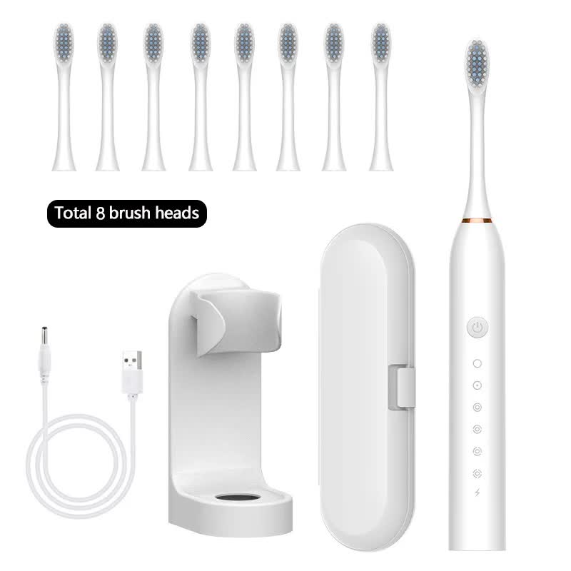 NNEDSZ X-3 Sonic Electric Toothbrush in White, 8 Brush Heads, Travel Case, USB Charging, and Stand Included