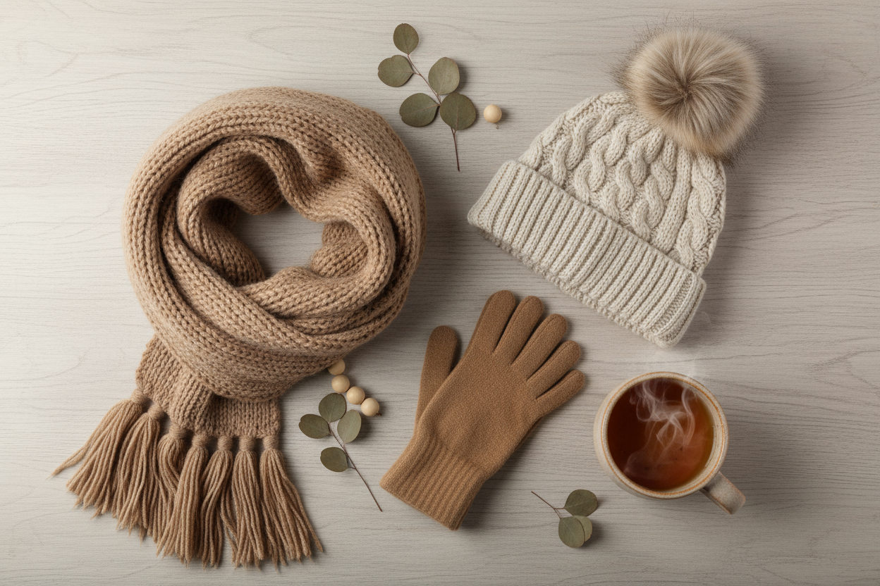 Cozy winter accessories flat lay with warm neutral tones, including scarf, gloves, hat, and mug