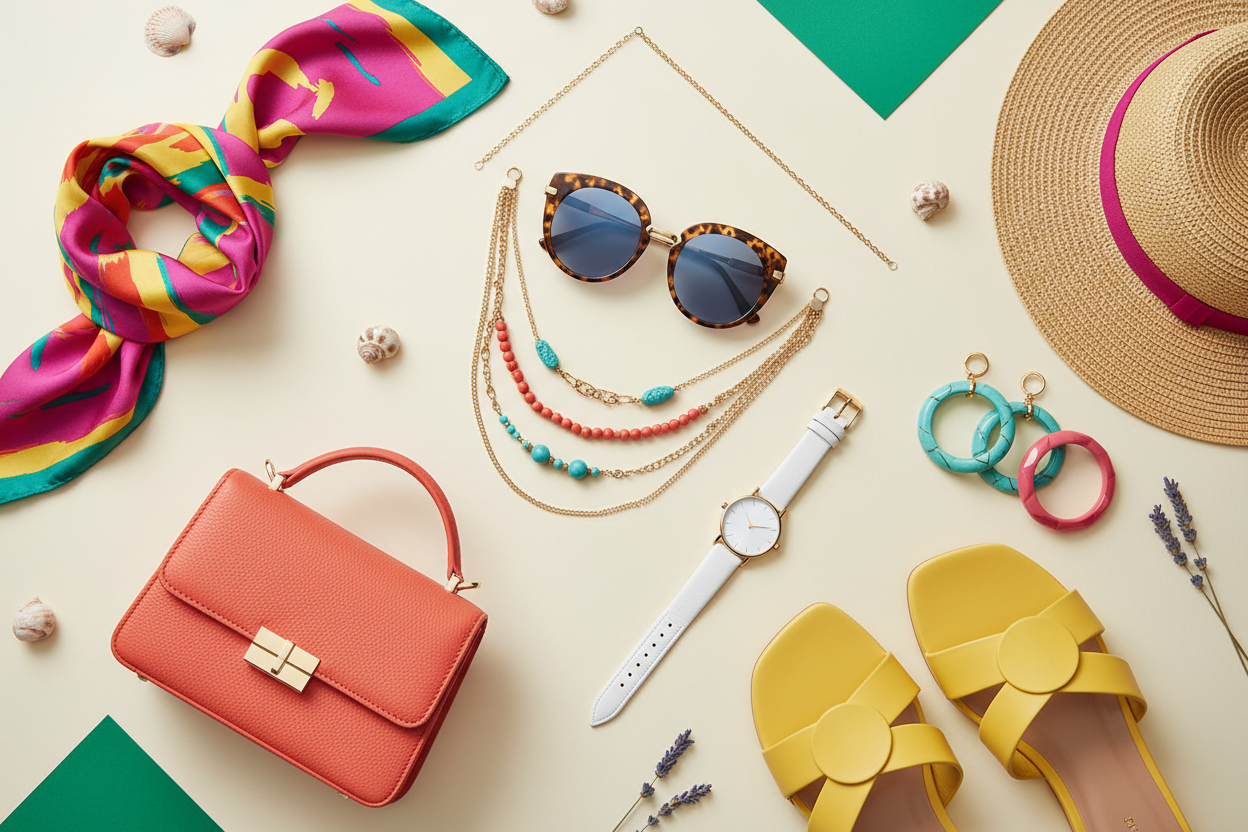 Stylish seasonal fashion accessories flat lay with vibrant colors, modern aesthetic